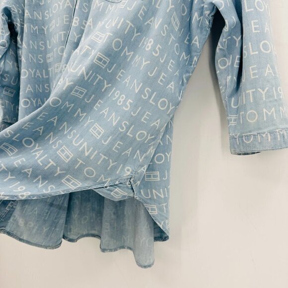 Tommy Hilfiger Chambray Spell Out 3/4 Sleeve Relaxed Y2K Button Front Large Top - Picture 3 of 7